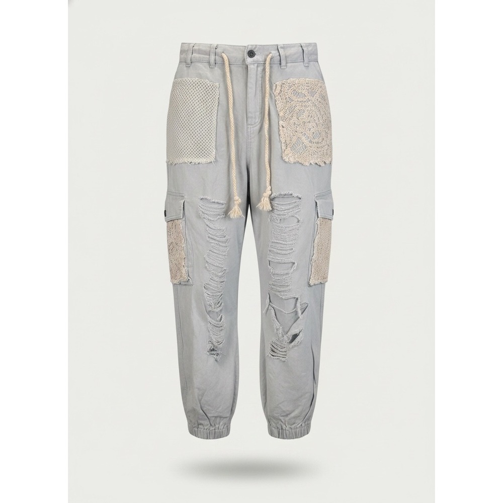 POL Clothing Boho Crochet Lace Distressed Cargo Jogger Pants Light Wash Small